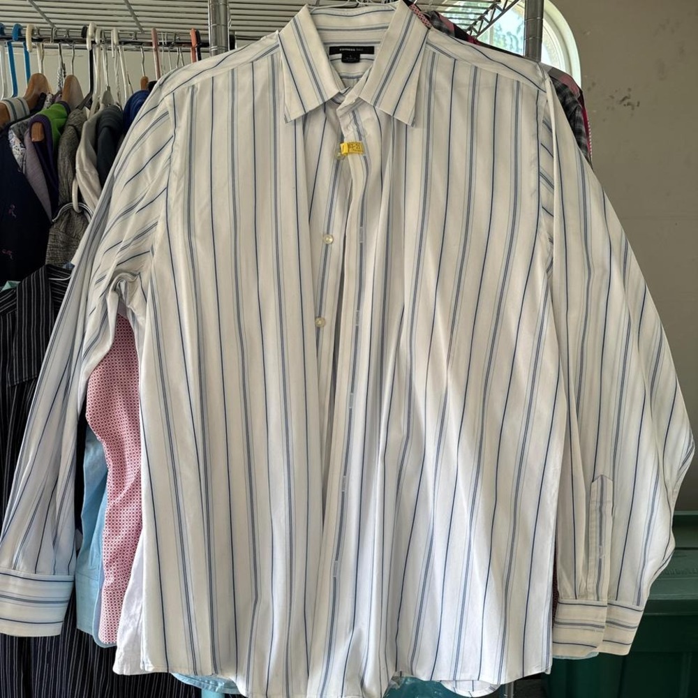 Express 1MX Mens Blue White Striped Button Up Dress Shirt Large 16-16.5 L